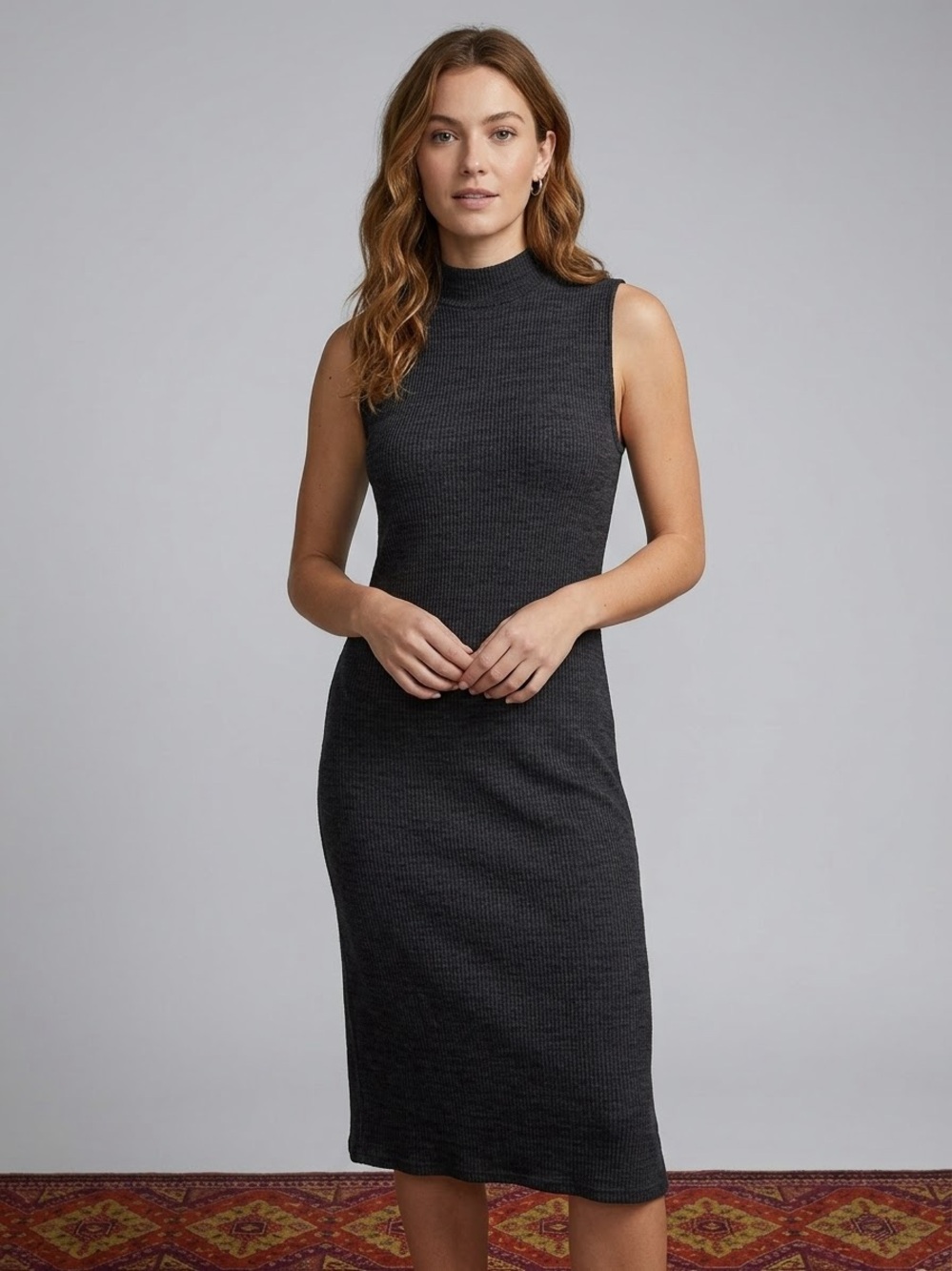 Splendid Charcoal Ribbed Knit Dress Mock Neck Sleeveless Midi L